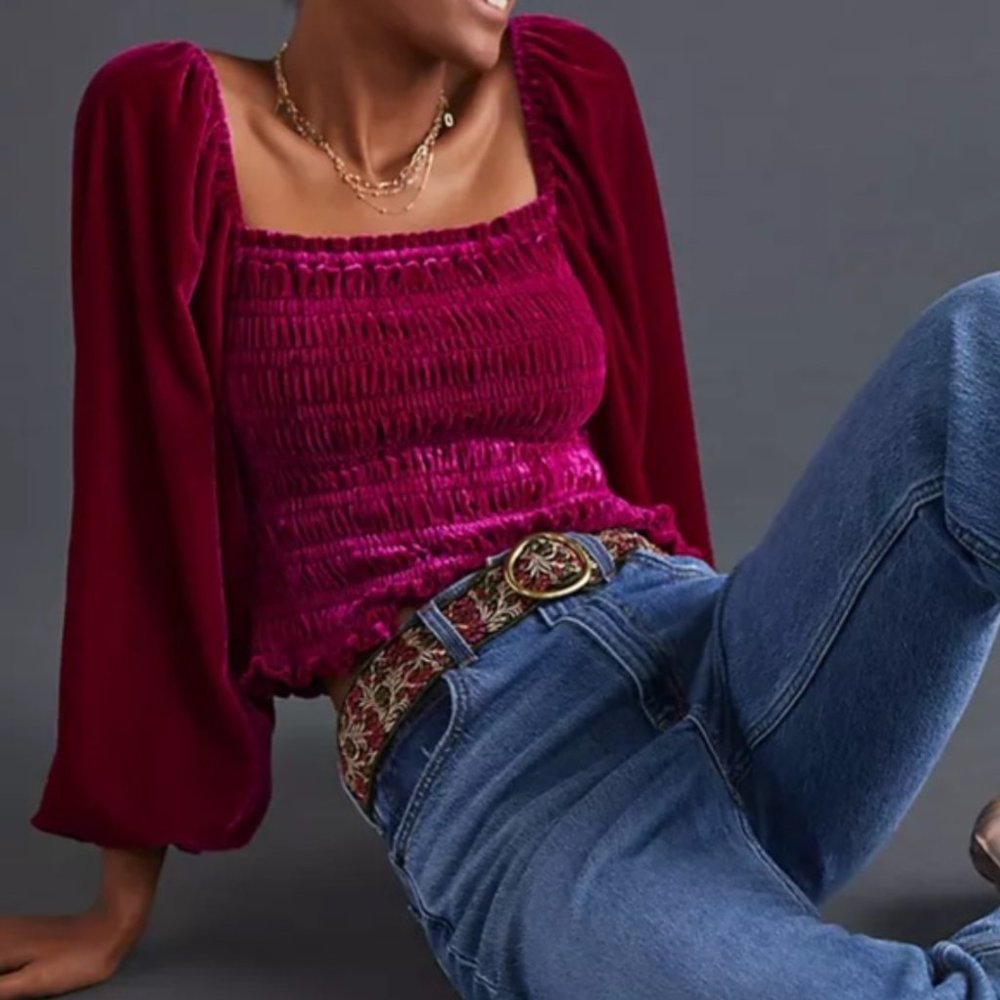 Anthropologie Smocked Puff Sleeve Square Neck Velvet Top - Picture 1 of 7